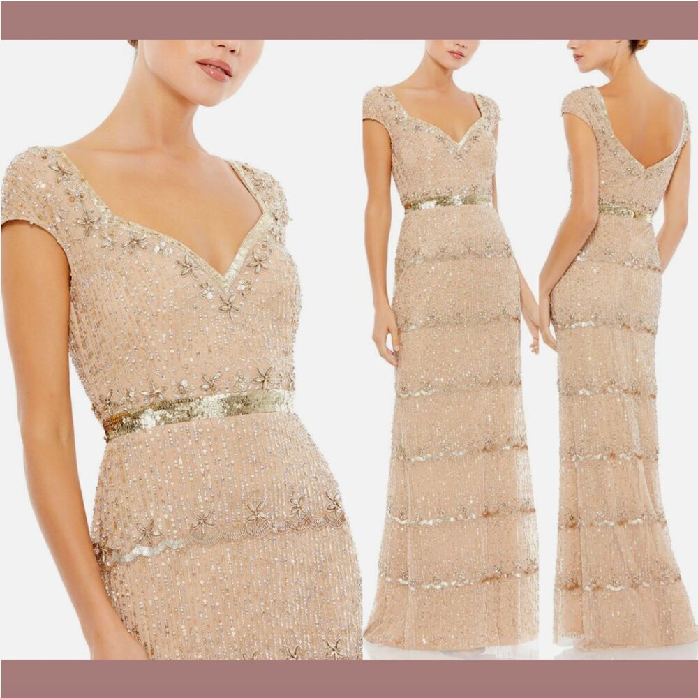 NWT $598 Mac Duggal [ 4 ] Cap Sleeve Embellished Column Gown in Nude Gold #Q723‎